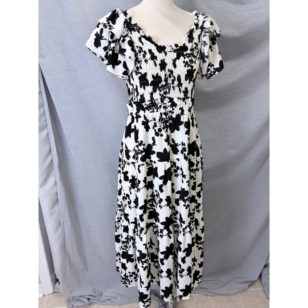 Umgee Maxi Dress Black White Floral Smocked Flutter Sleeve Tiered M